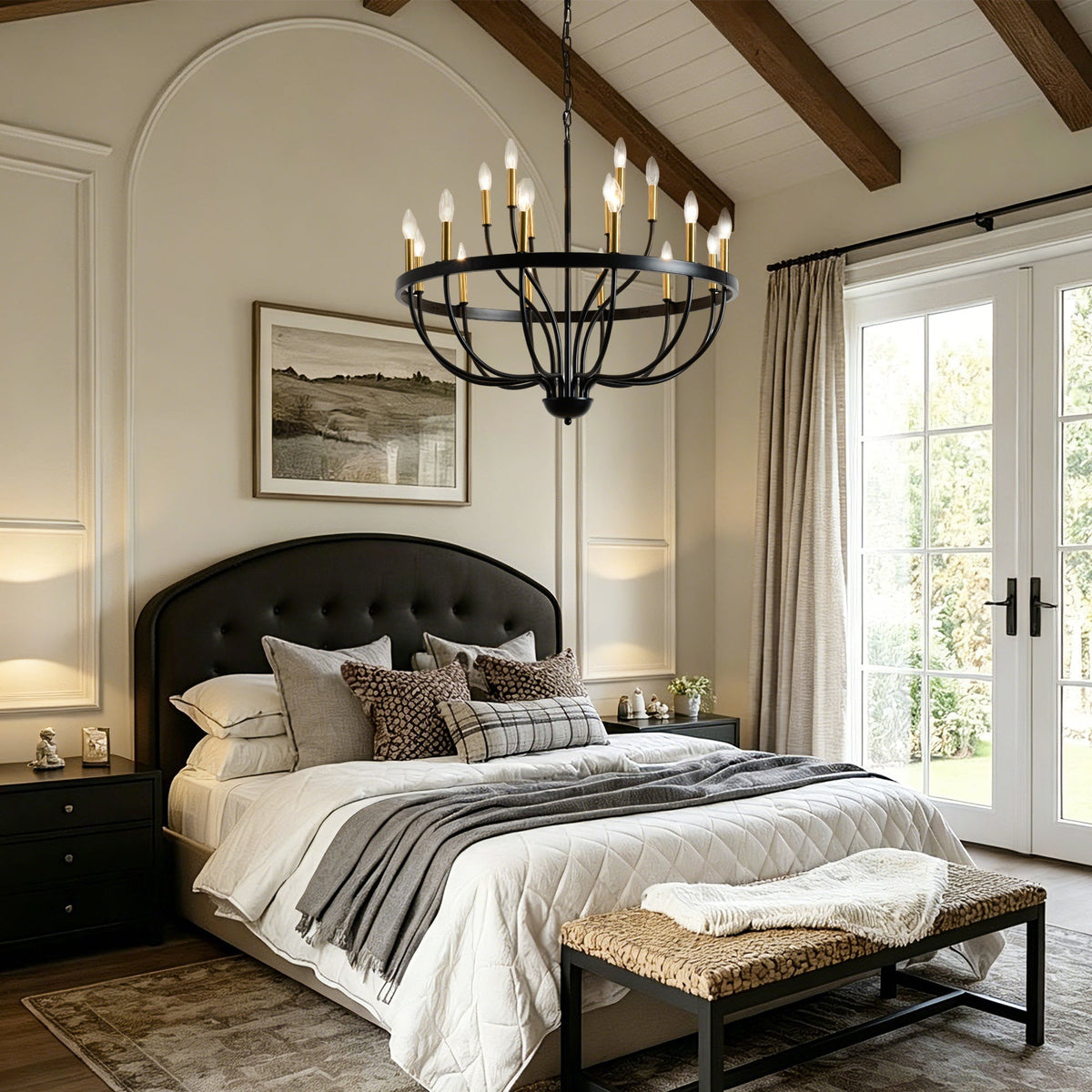 18-Light Industrial Iron Candle Chandelier with Adjustable Height - Gold & Black