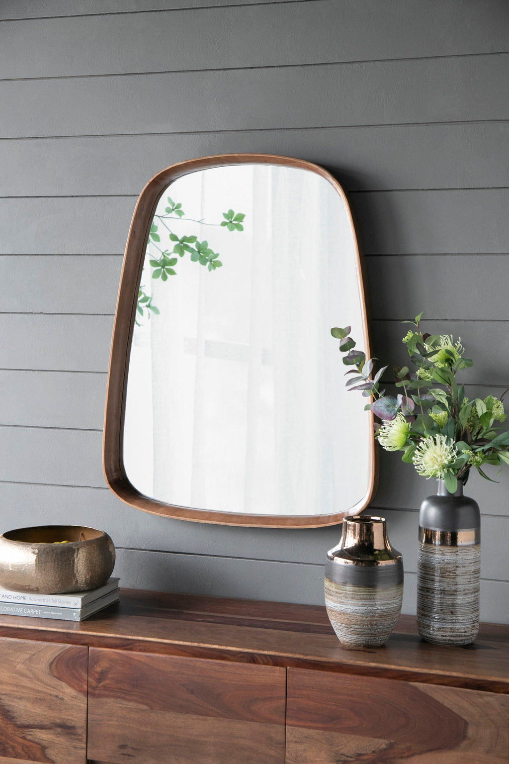 Irregular Wood Frame Wall Mirror with Curved Edges - Brown