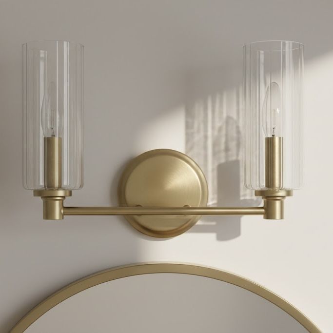 Regal Double Light Vanity With Clear Ribbed Satin - Antique Brass / Clear