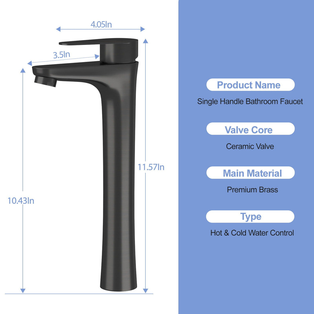 Single Handle Vessel Sink Faucet with Tall Spout - Gray or Black
