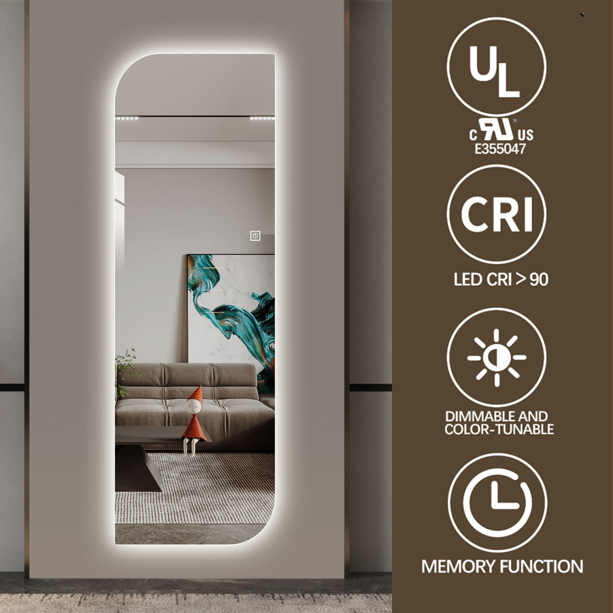 Irregular Shape LED Full Length Wall Mirror with 3 Color Dimmable Lighting - Silver