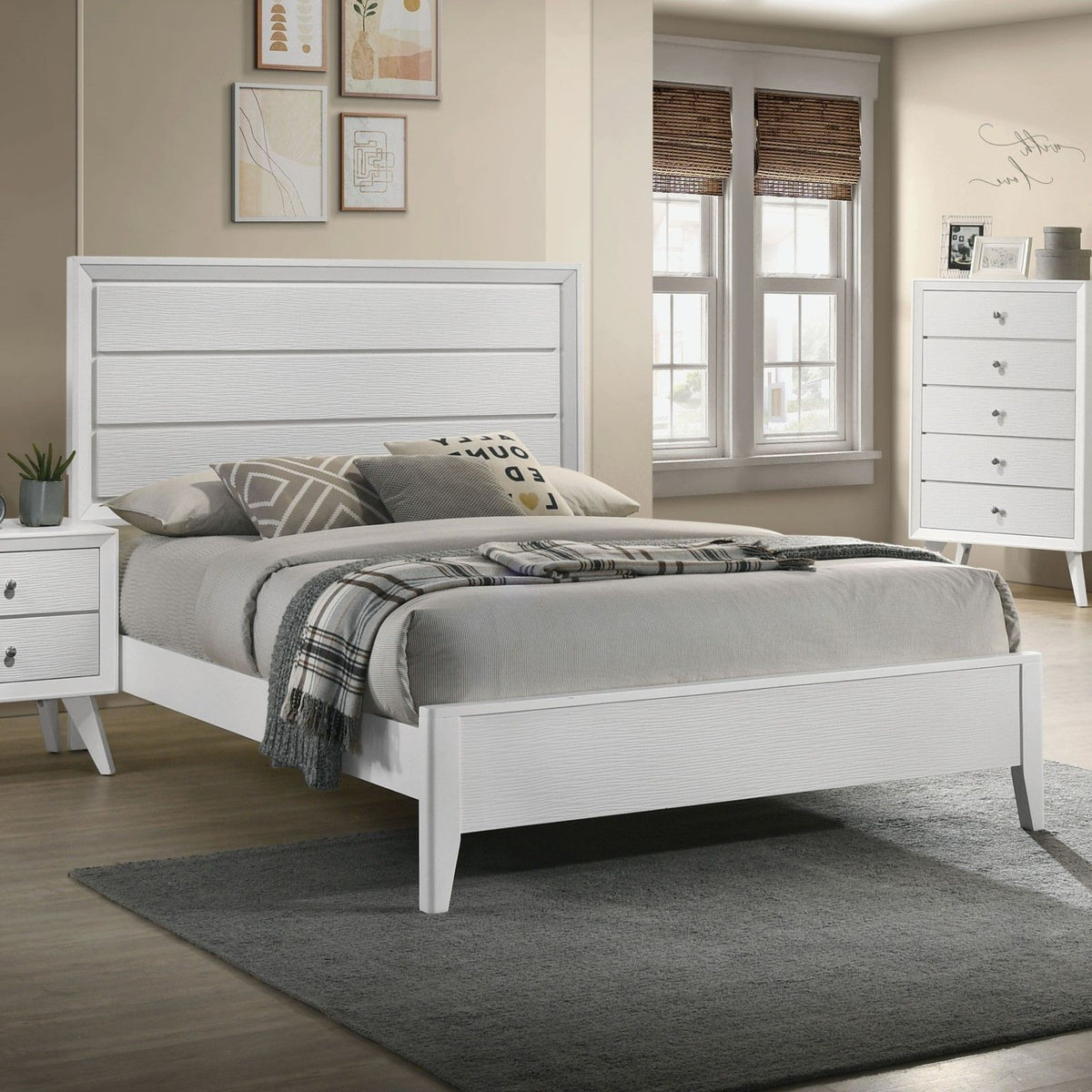 Modern Bed Frame with Wave Texture Headboard and Angled Legs - White
