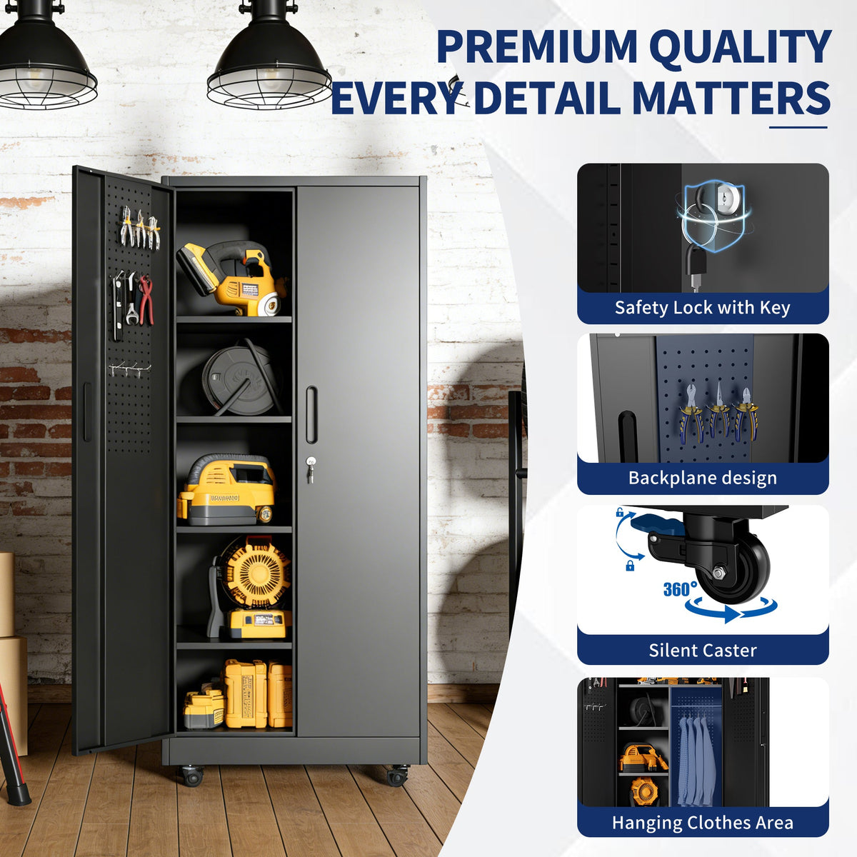 Rolling Metal Storage Locker Cabinet with Lockable Doors - Steel