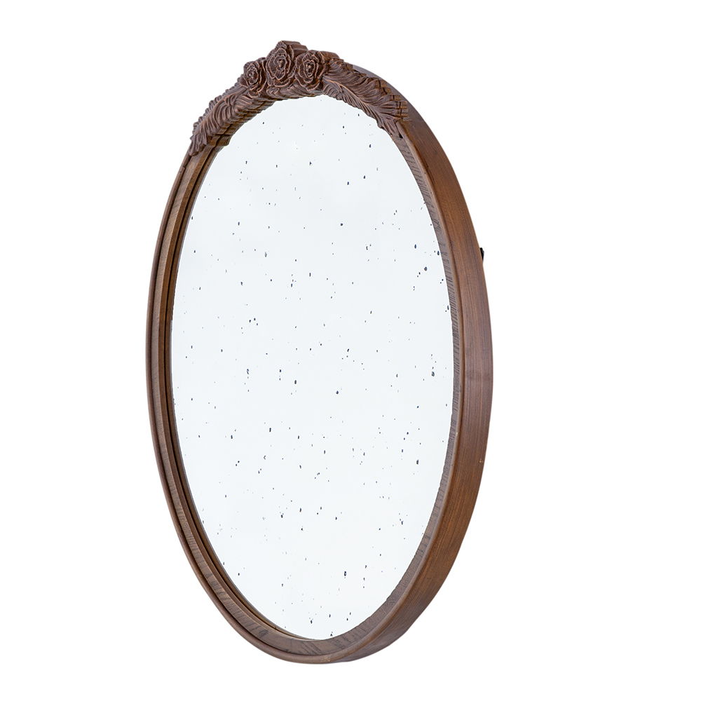 Round Hand Carved Rose Antique Wall Mirror with Intricate Detailing - Light Brown or Black