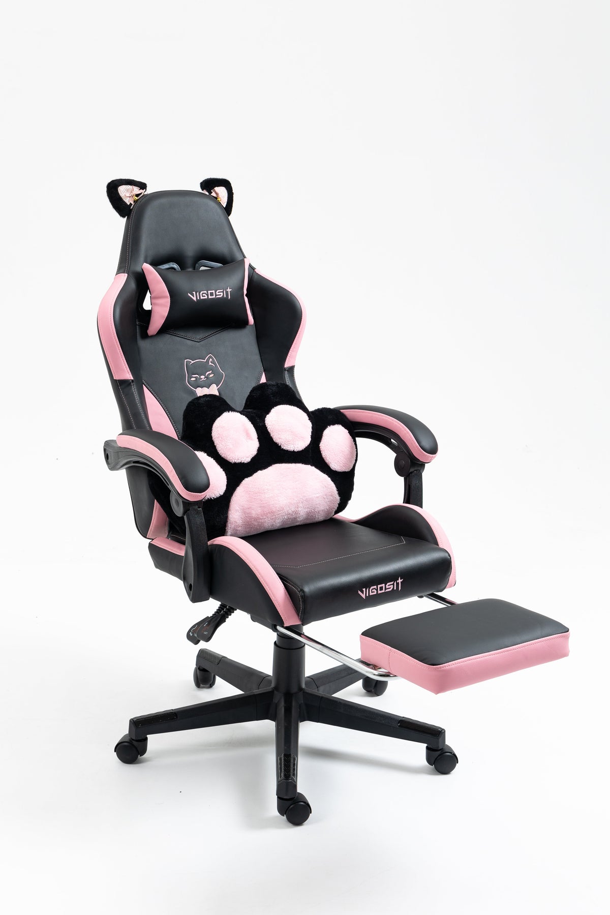 Cute Cat Gaming Chair with Paw Lumbar Cushion - PU-Leather