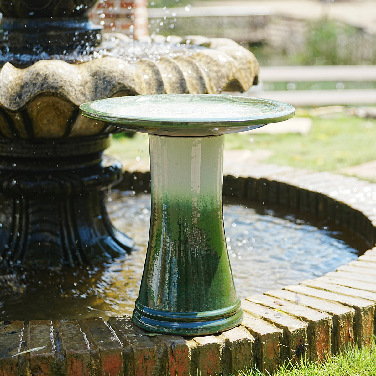 17" Ceramic Bird Bath with Swirl Pattern Pedestal - Grass Green