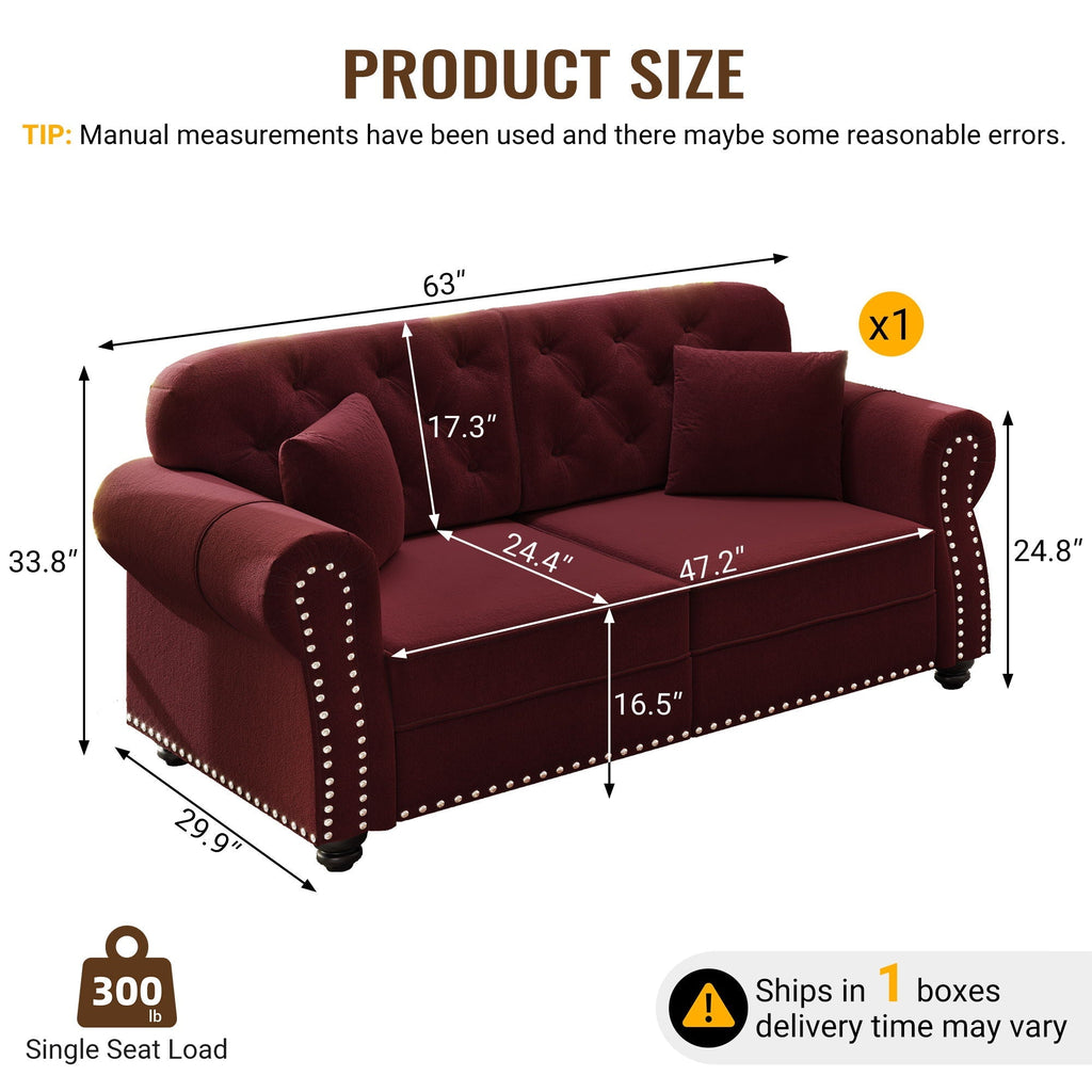 Upholstered Chesterfield Sofa with Nailhead Trim and Rolled Armrests - Fabric