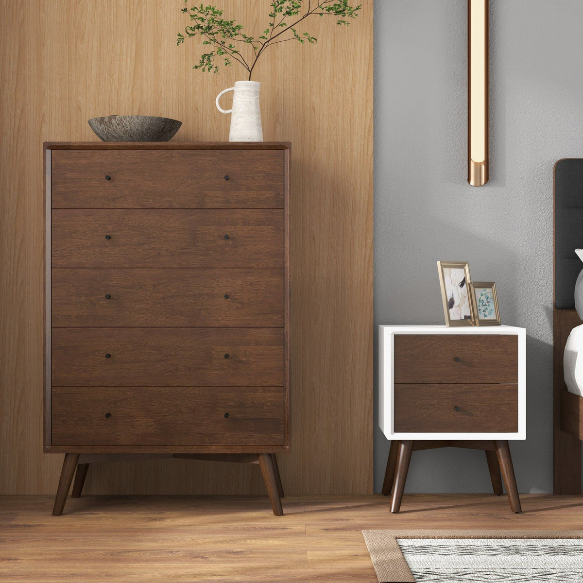 Mid-Century Modern Night Stand with 2 Drawers - Dark Brown or White