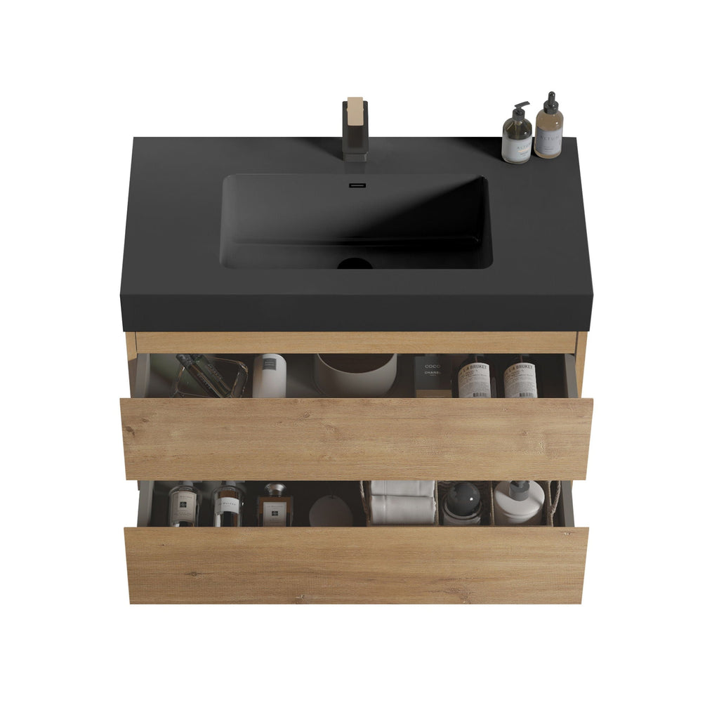 Natural Oak Bathroom Vanity with Floating Quartz Sink - Light Brown