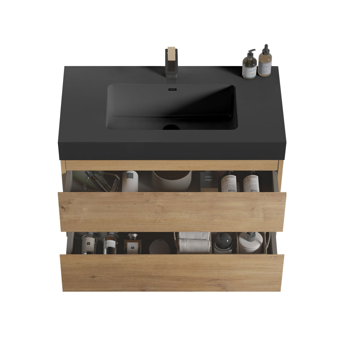 Natural Oak Bathroom Vanity with Floating Quartz Sink - Light Brown