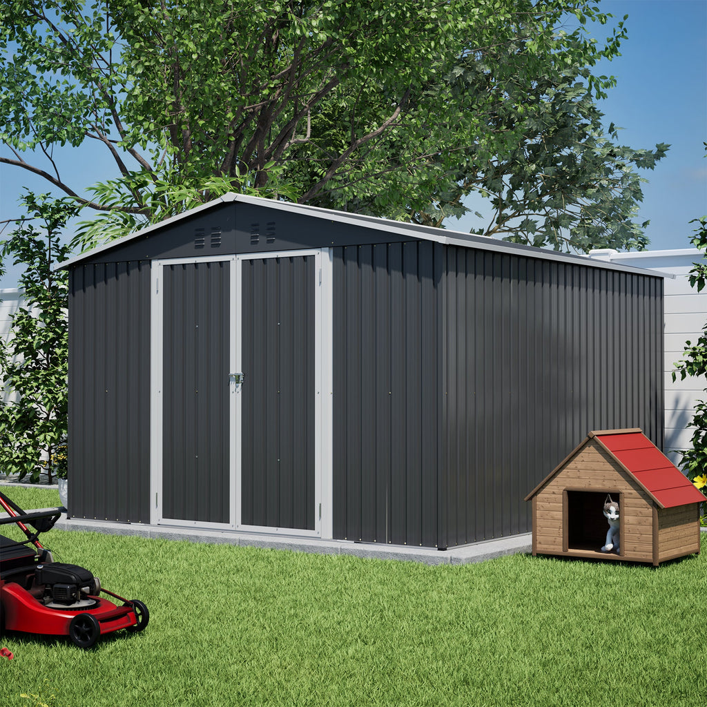 10x10 FT Metal Outdoor Storage Shed with Lockable Double Doors - Black