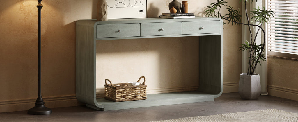 Antique-Style Console Table with 3 Storage Drawers - Blue, Natural, Beige