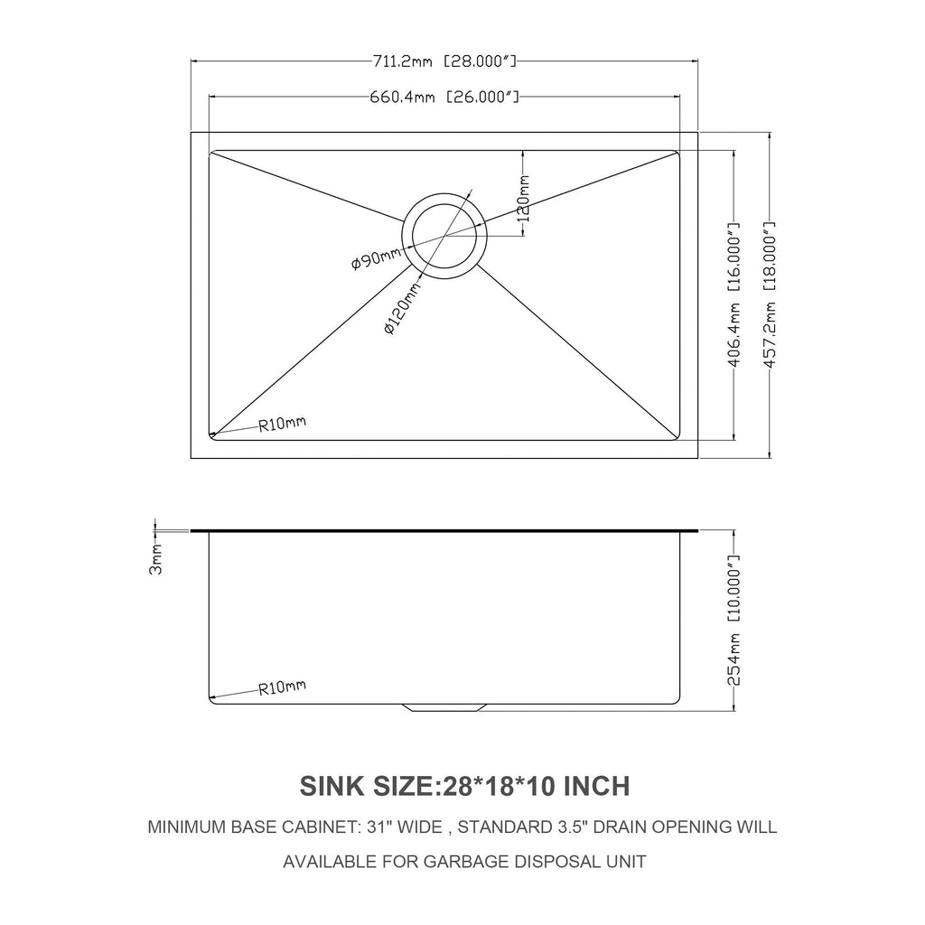 28" Undermount Kitchen Sink with 16 Gauge Steel - Gunmetal Black