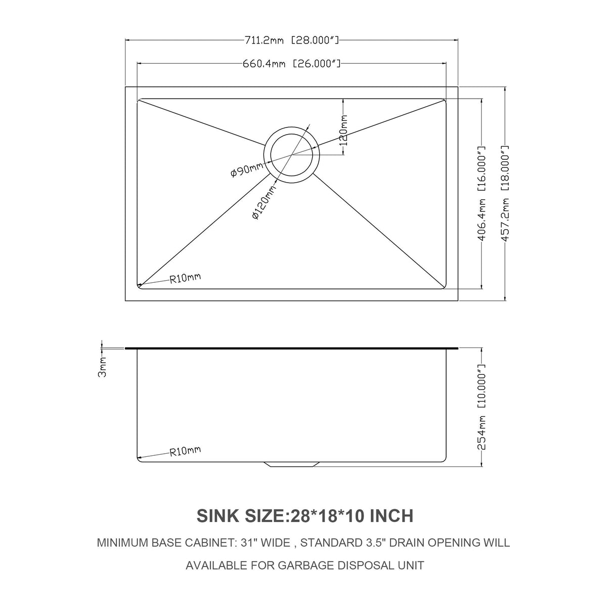 28" Undermount Kitchen Sink with 16 Gauge Steel - Gunmetal Black
