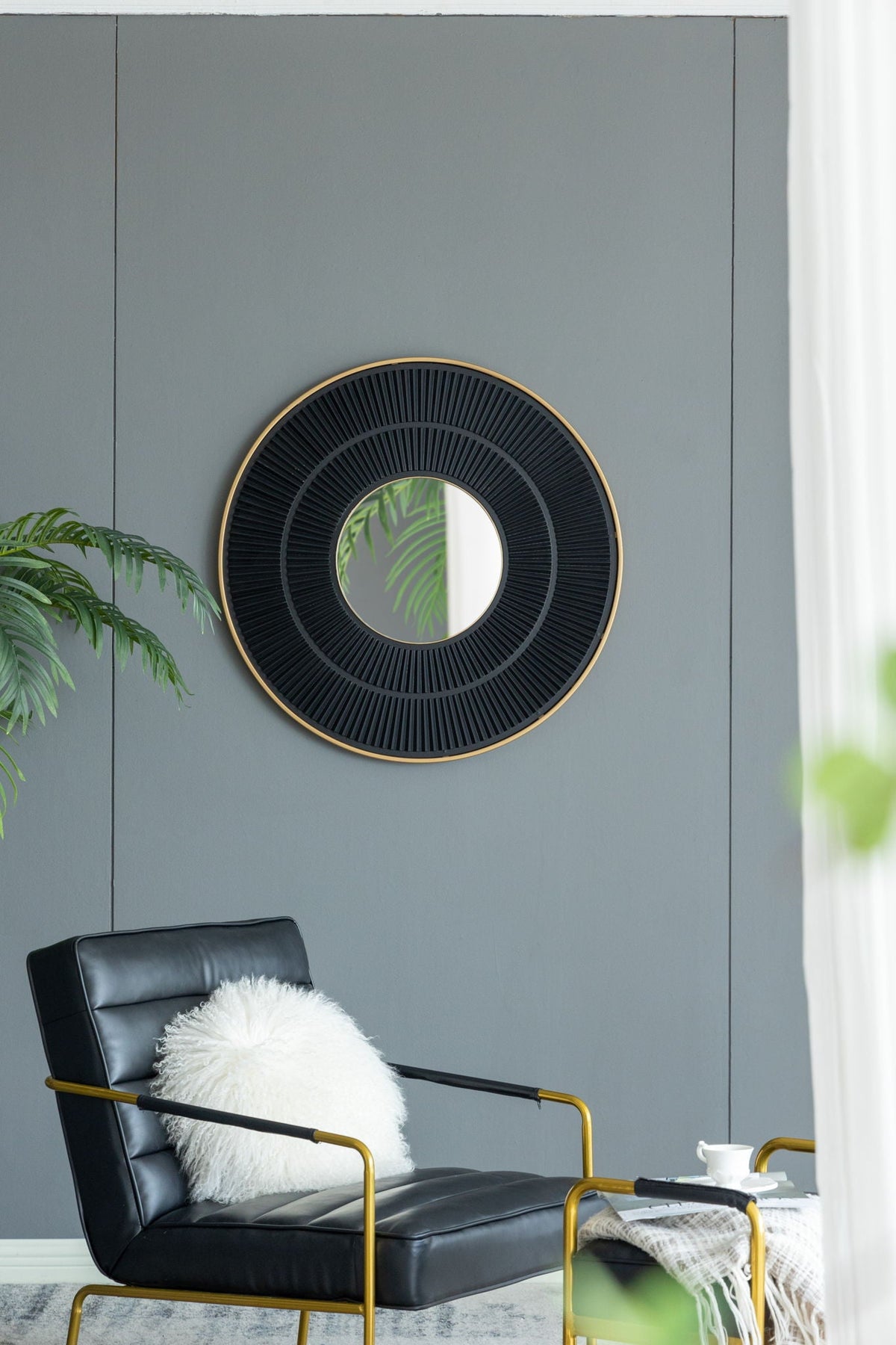 Round Wooden Wall Mirror with Iron Frame - Neutral Colorway