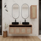 48" Bathroom Vanity with Ceramic Art Sink and Side Cabinet - Imitative Oak