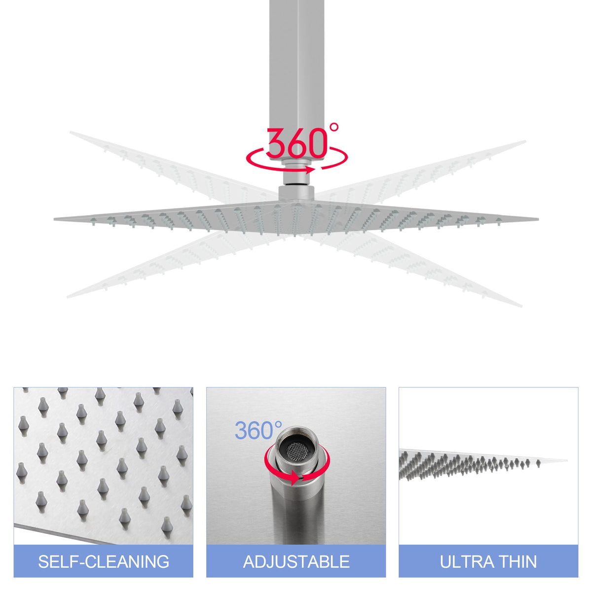 10" Square Rainfall Shower Head with 360° Adjustability – Multiple Colors