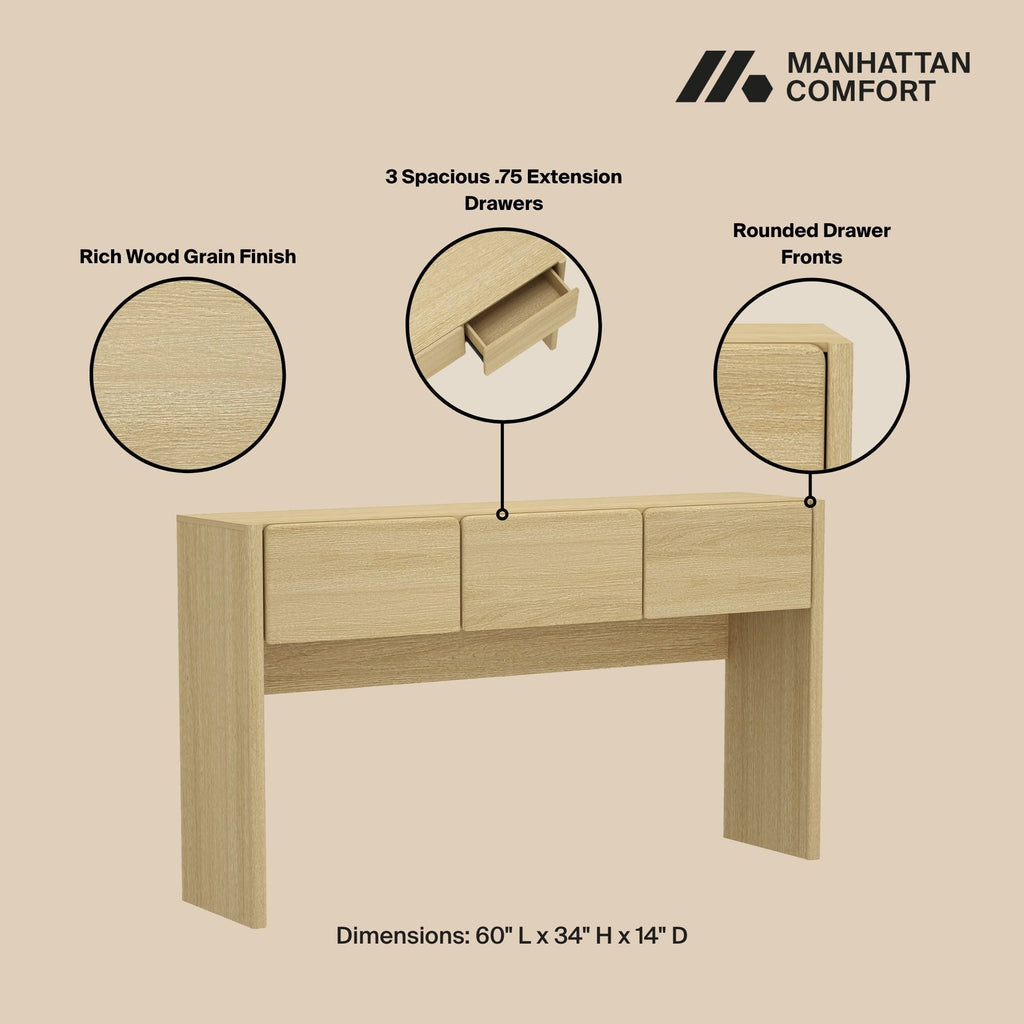 Linda Console Table with Three-Drawer Storage - Light Brown, Dark Brown, Dark Gray