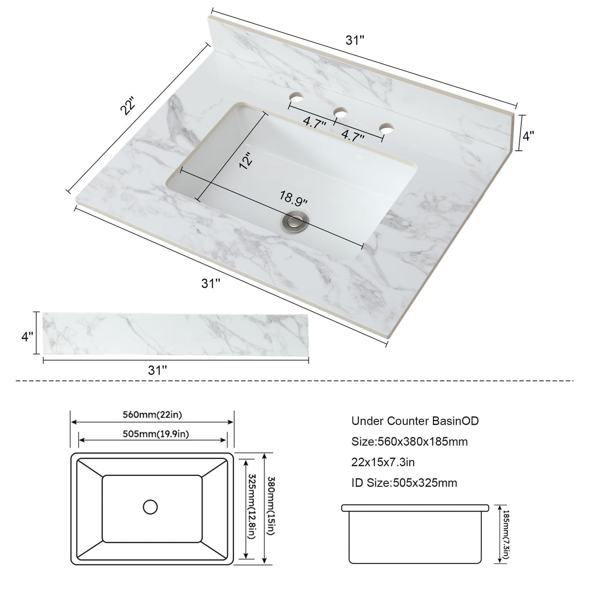 Elegant Sintered Stone Bathroom Vanity Top with Rectangular Undermount Ceramic Sink - White