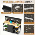 Workbench with Storage Cabinet and Pegboard with Power Outlet - Black