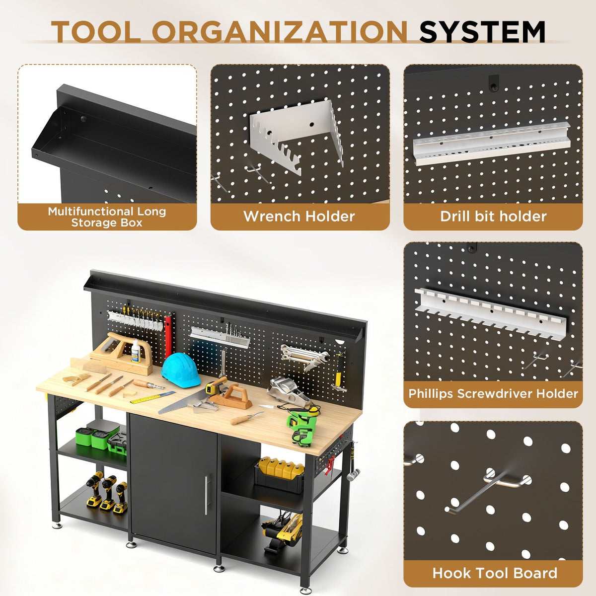 Workbench with Storage Cabinet and Pegboard with Power Outlet - Black