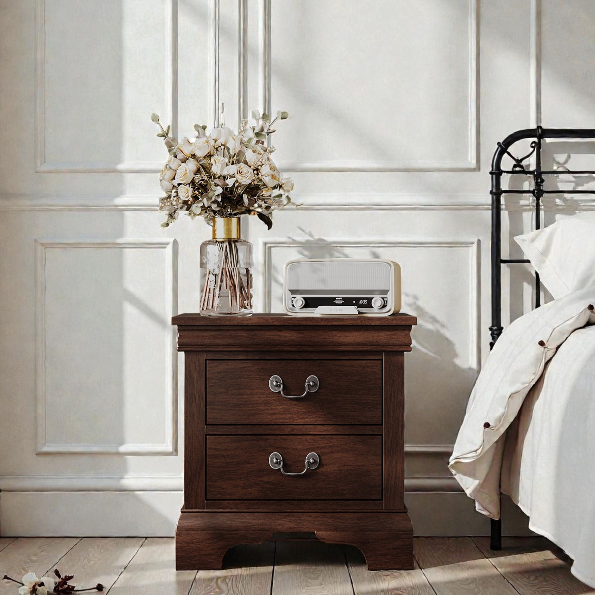 Wood Nightstand with 2 Drawers - Traditional Accent Table - White, Black, or Dark Brown