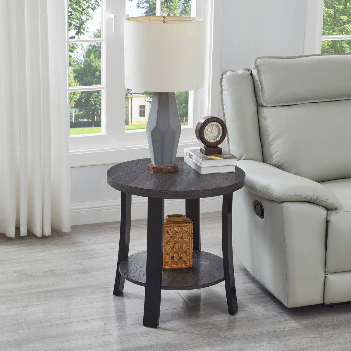 Contemporary 3 Piece Coffee Table Set with Oval Wood Shelf - Charcoal