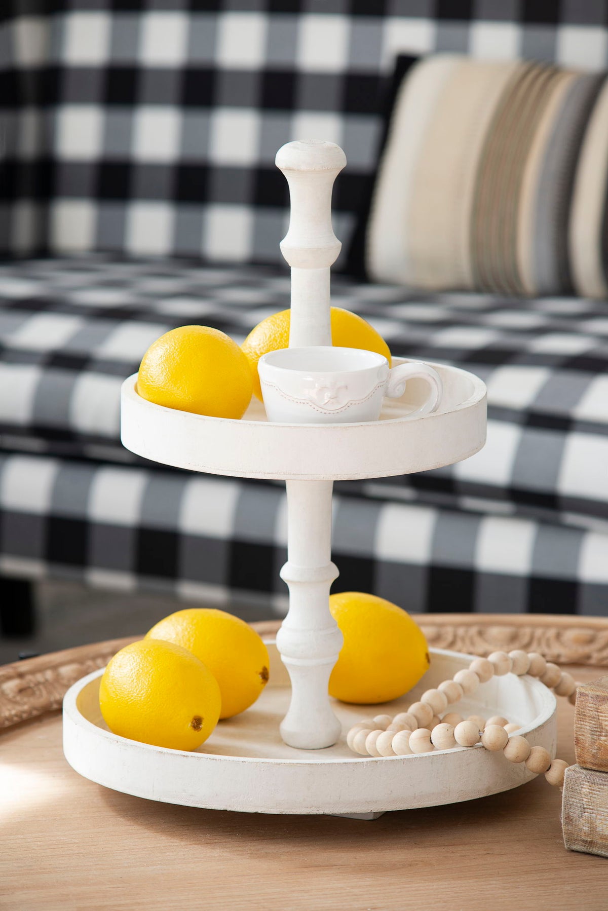 Two Tiered Round Wooden Tray with Farmhouse Style - White