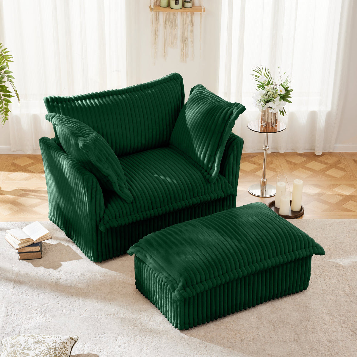 Upholstered Slipcovered Armchair with Ottoman Set with Removable Covers - Corduroy