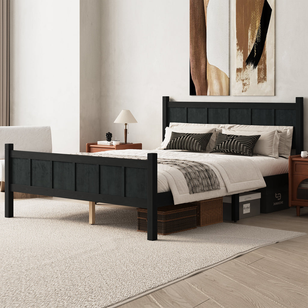Queen Size Flat Panel Bed with Headboard & Footboard - Wood Finish