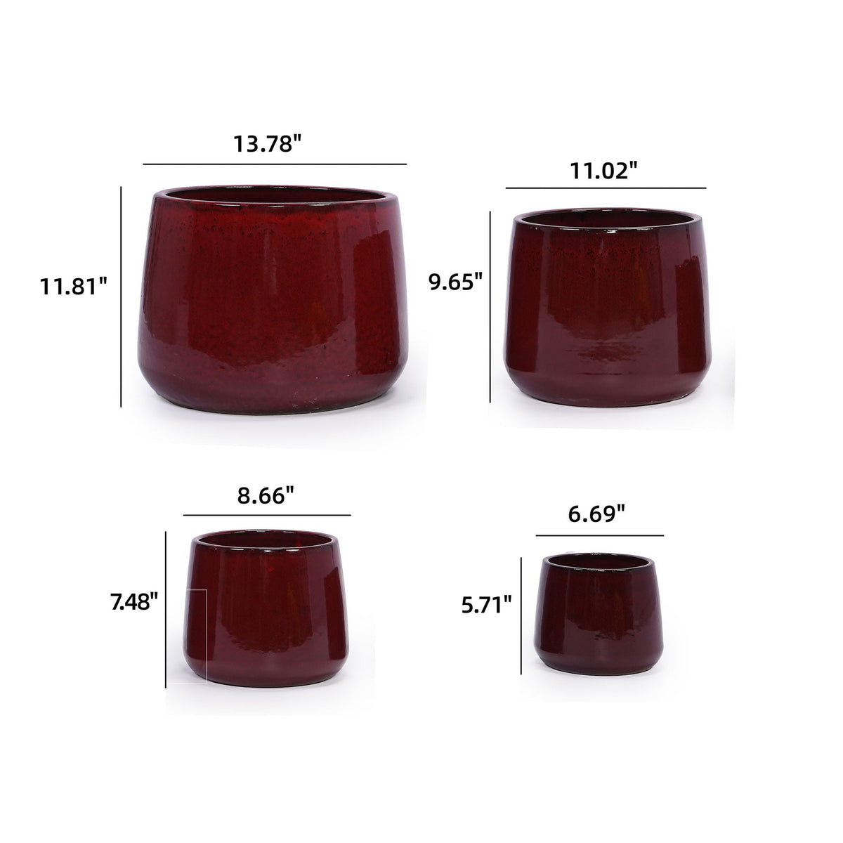 Bean Paste Red 4-Piece Ceramic Planter Pot Set with Drainage Hole - Indoor Outdoor