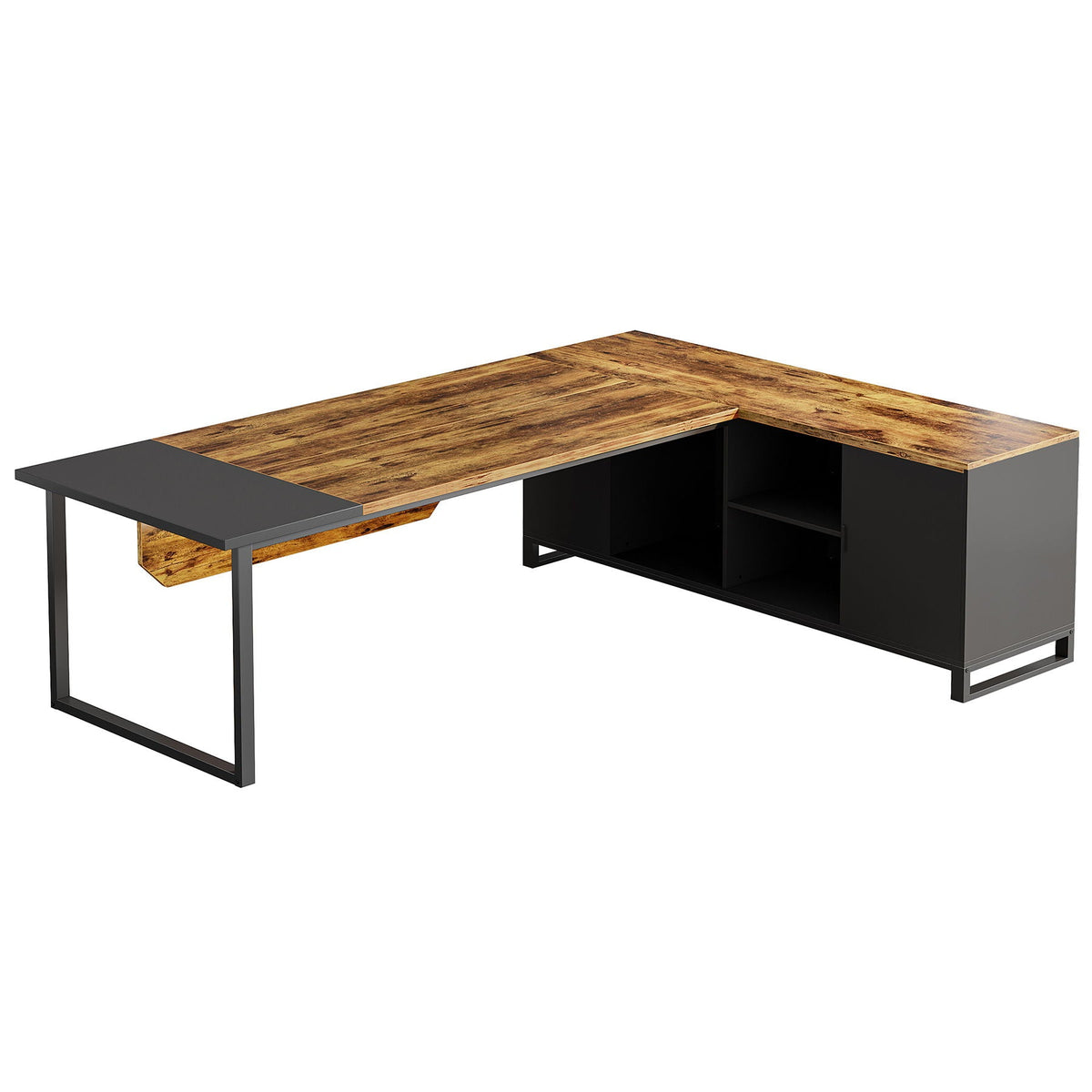 L-Shaped Executive Desk with File Cabinet and Storage - Light Brown or Dark Gray