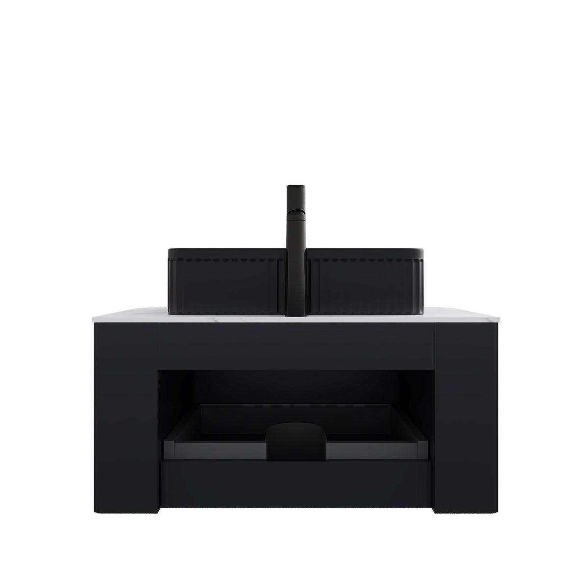 30" Floating Bathroom Vanity with Ceramic Basin & Storage - Black, Carrara White, White