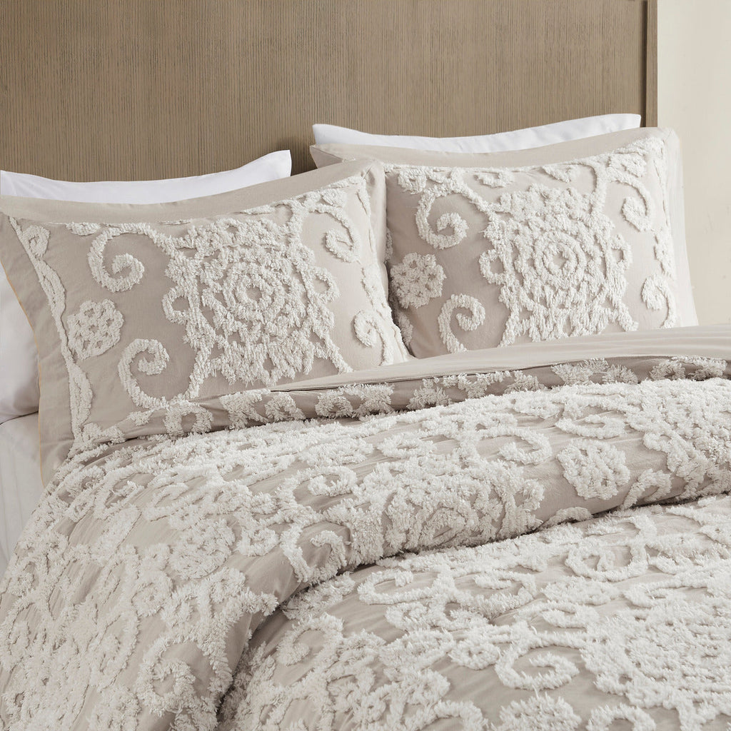 Taupe Cotton Comforter Mini Set with Tufted Chenille Embroidery - King