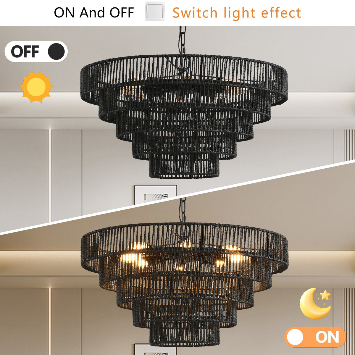 Rustic 5-Tier Hemp Rope Chandelier with 8 Lights - Black