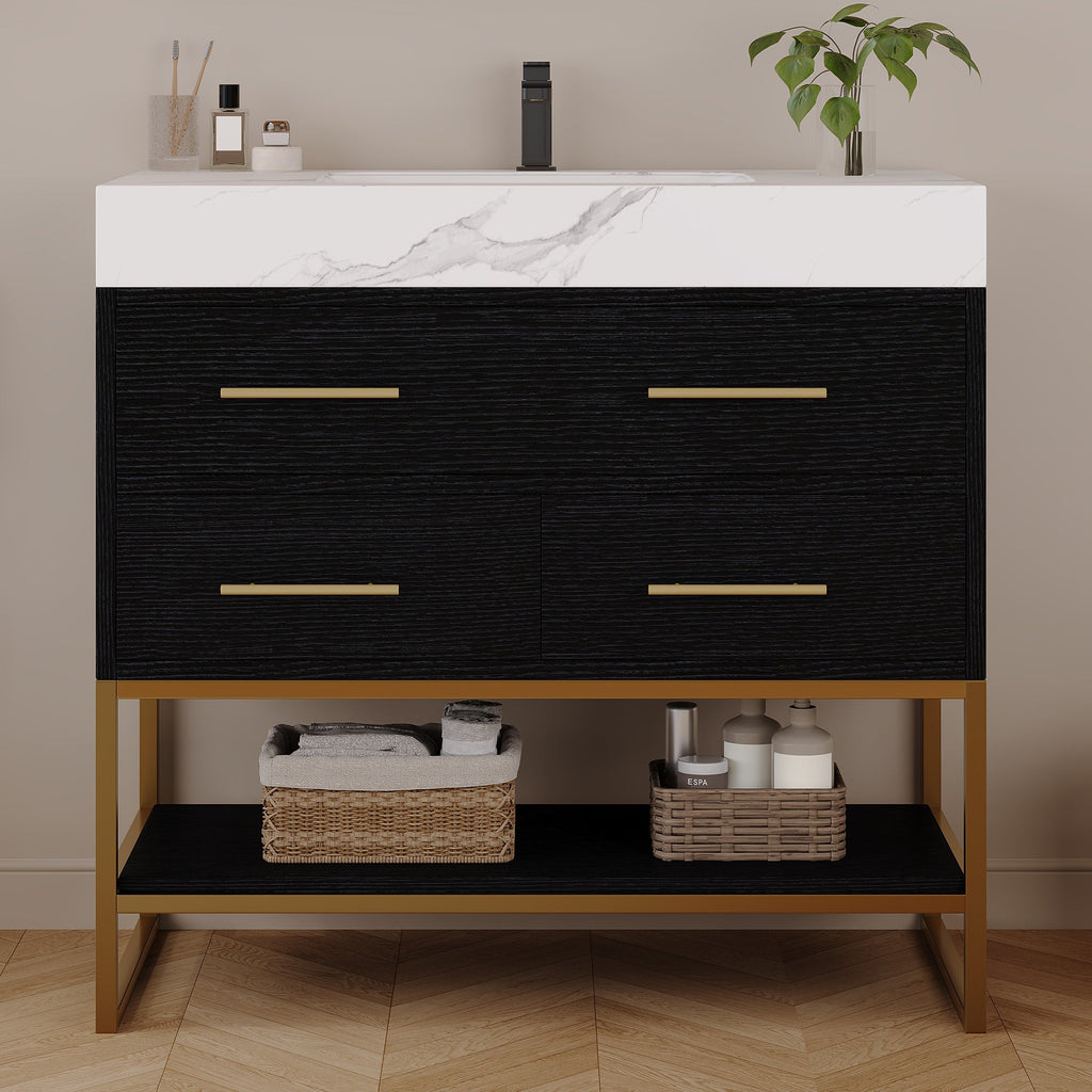 36" Artificial Stone Bathroom Vanity with Ceramic Sink - Black/White