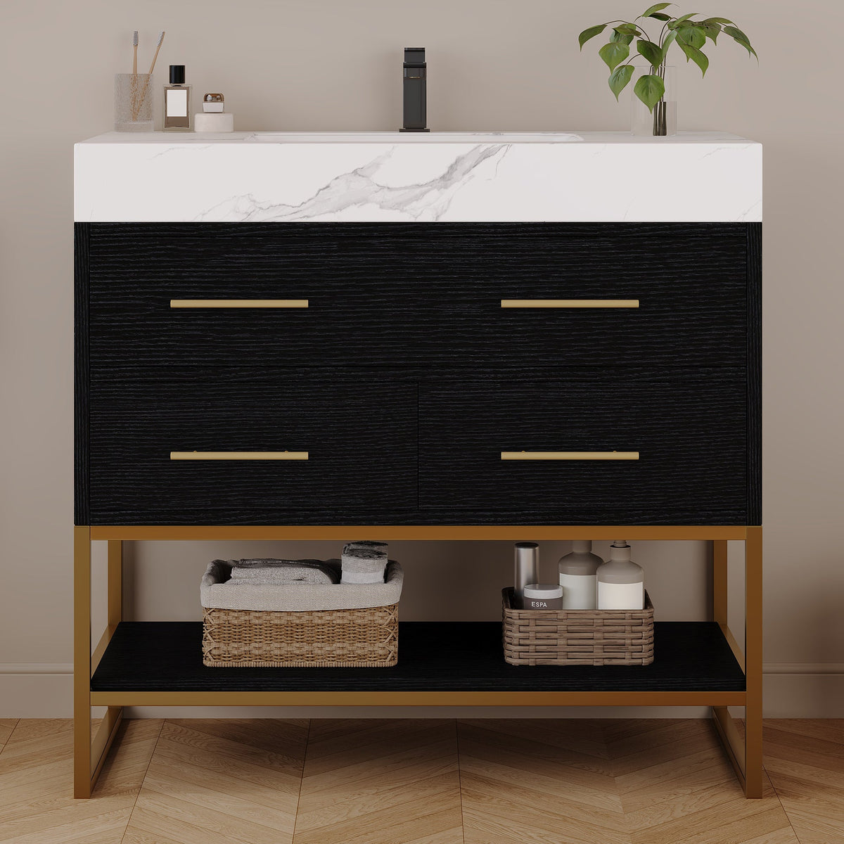 36" Artificial Stone Bathroom Vanity with Ceramic Sink - Black/White