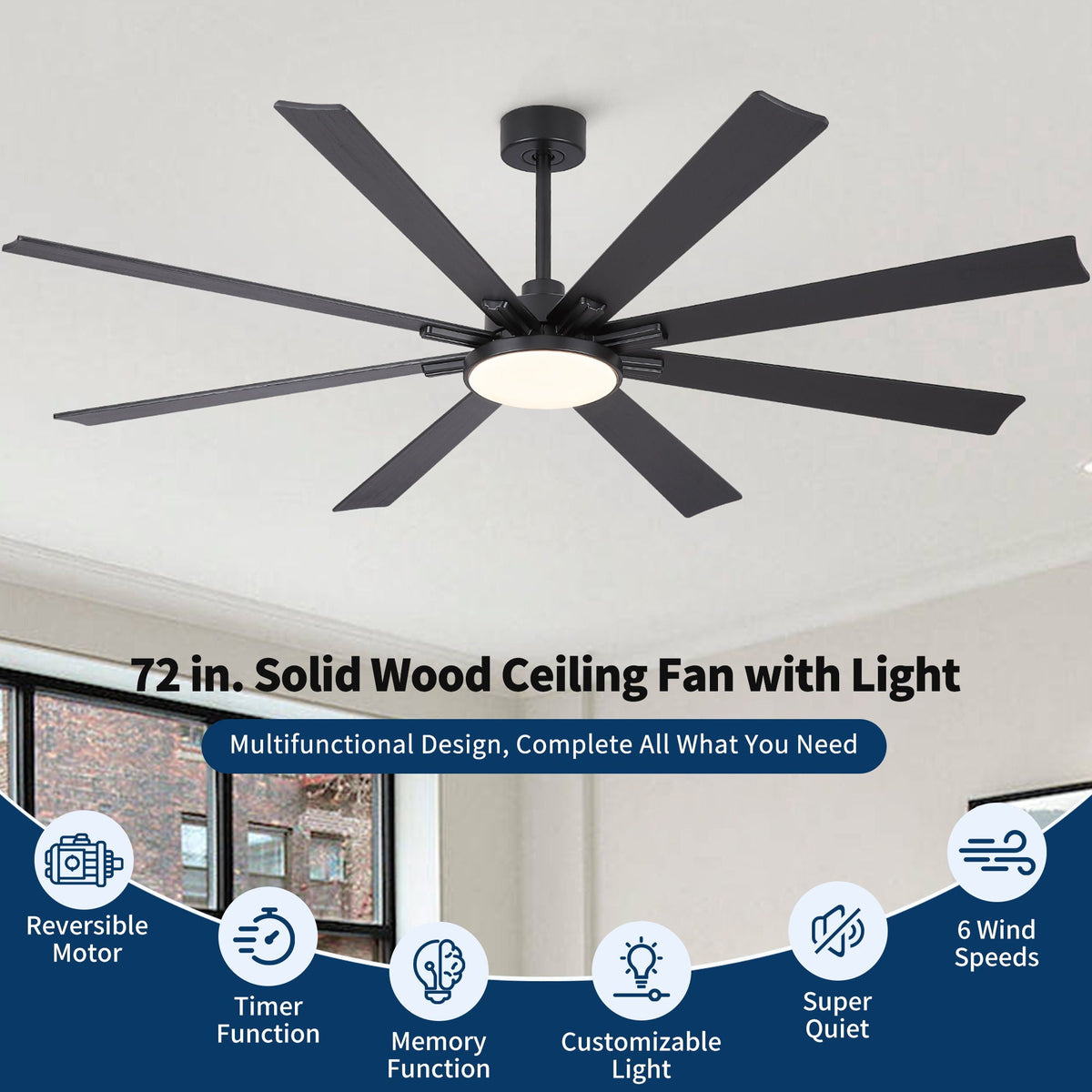 Large Ceiling Fan with Dimmable LED Light and Remote Control - Black or Dark Brown