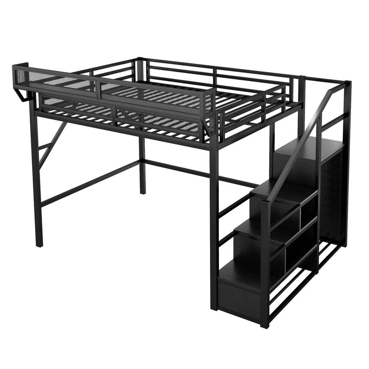 Queen Size Loft Bed with Stairs and Storage Shelves - Black