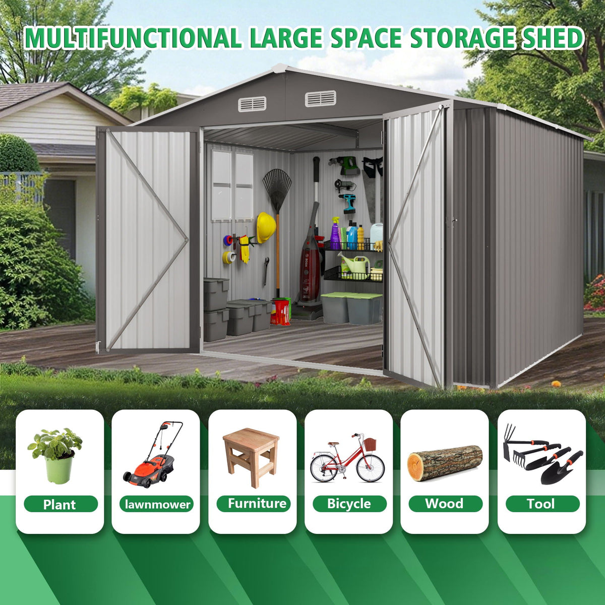 Outdoor Storage Shed with Lockable Doors - Dark Gray