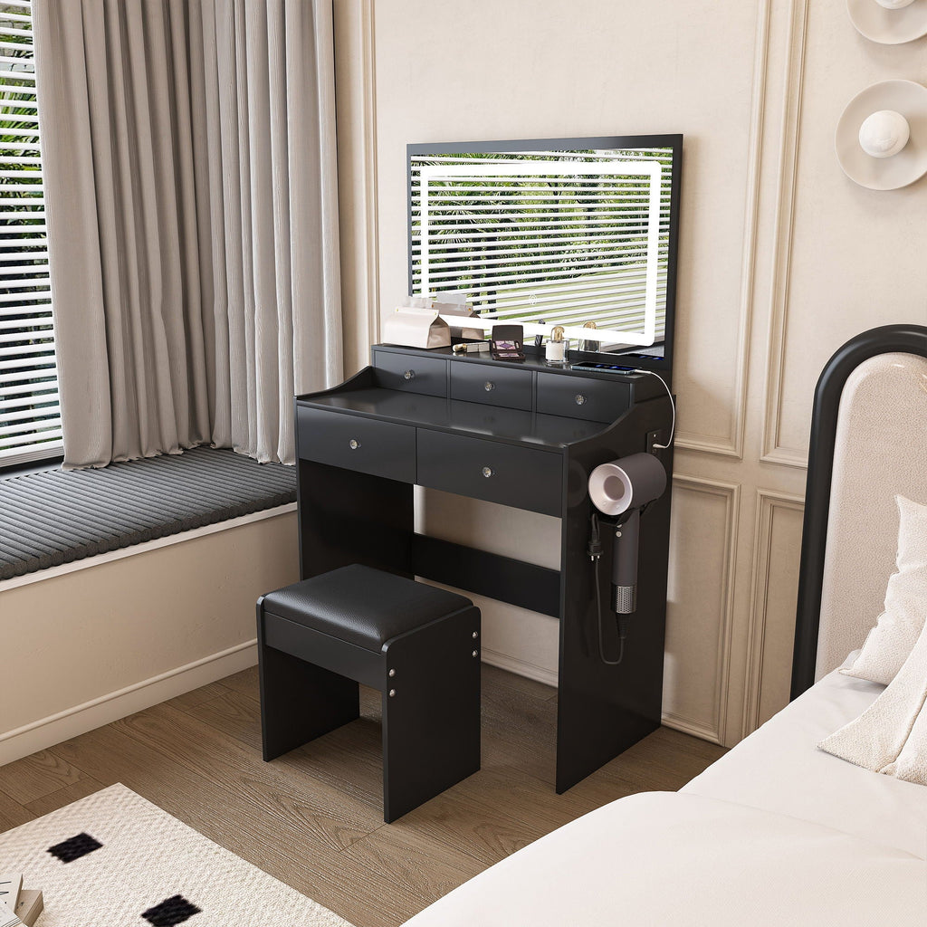 Modern Makeup Vanity Set with Power Outlet and Adjustable Lighting - Black or White