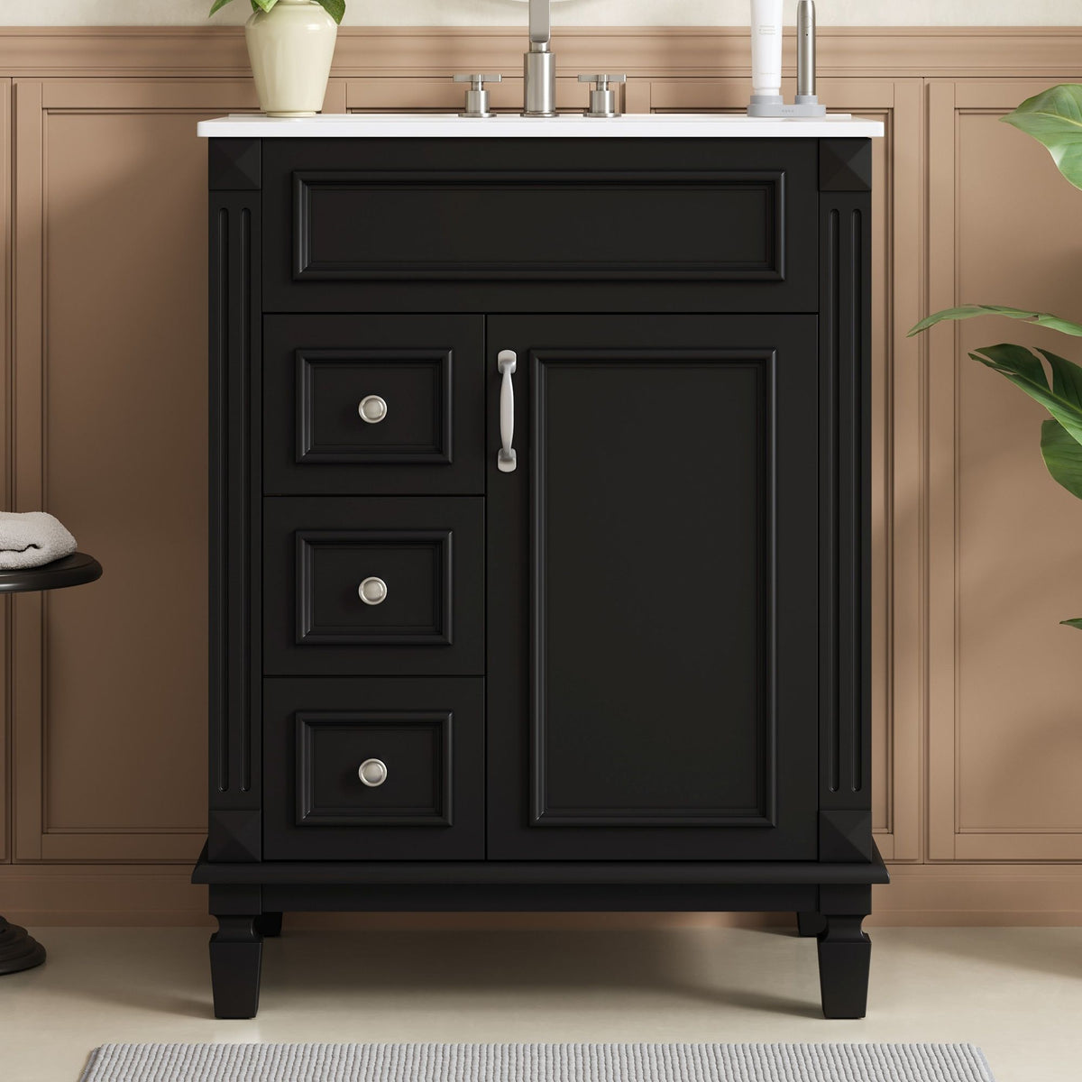 Compact Bathroom Vanity with Ceramic Sink and Storage Drawers - White, Green, Black