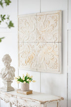 Distressed Wooden Square Wall Panels with Intricate Medallion Design - White