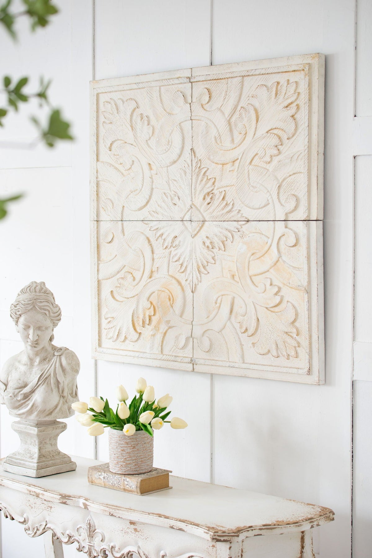 Distressed Wooden Square Wall Panels with Intricate Medallion Design - White