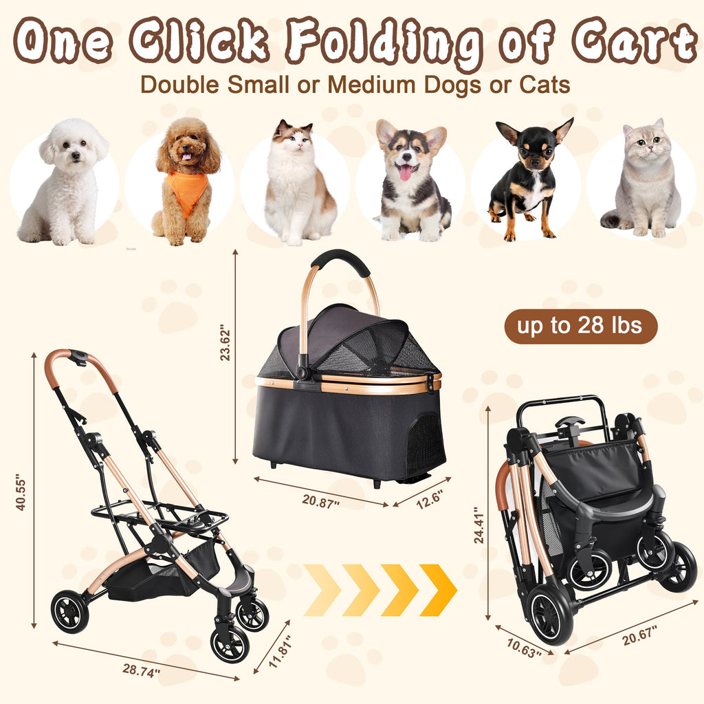 2-in-1 Foldable Pet Stroller with Detachable Carrier and Sun Canopy - Gray