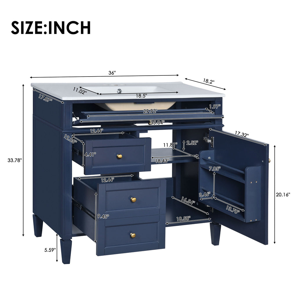 Blue Bathroom Vanity with Top Sink and Ample Storage - 36" Wide