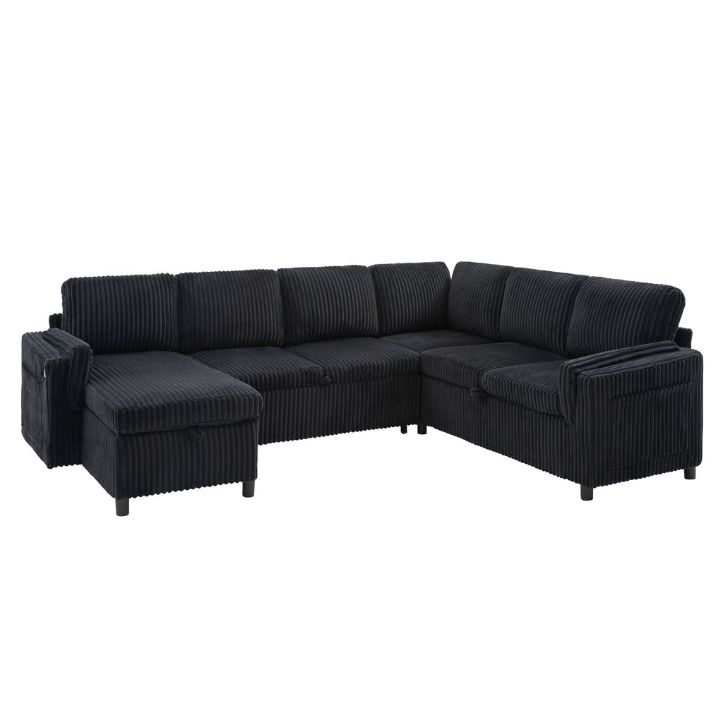Convertible U-Shaped Sectional Sofa Bed with USB Ports and Storage – Black, Dark Gray, Blue