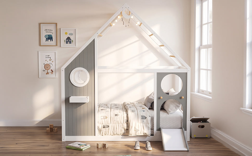 Twin House Bed with Slide and Ball Light Strip - Gray