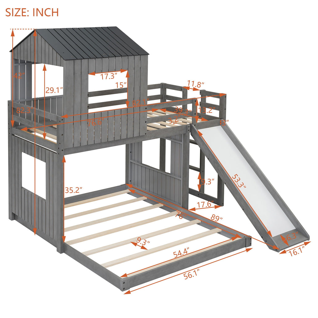 Loft Bunk Bed With Playhouse, Slide, and Guardrails - Twin Over Full