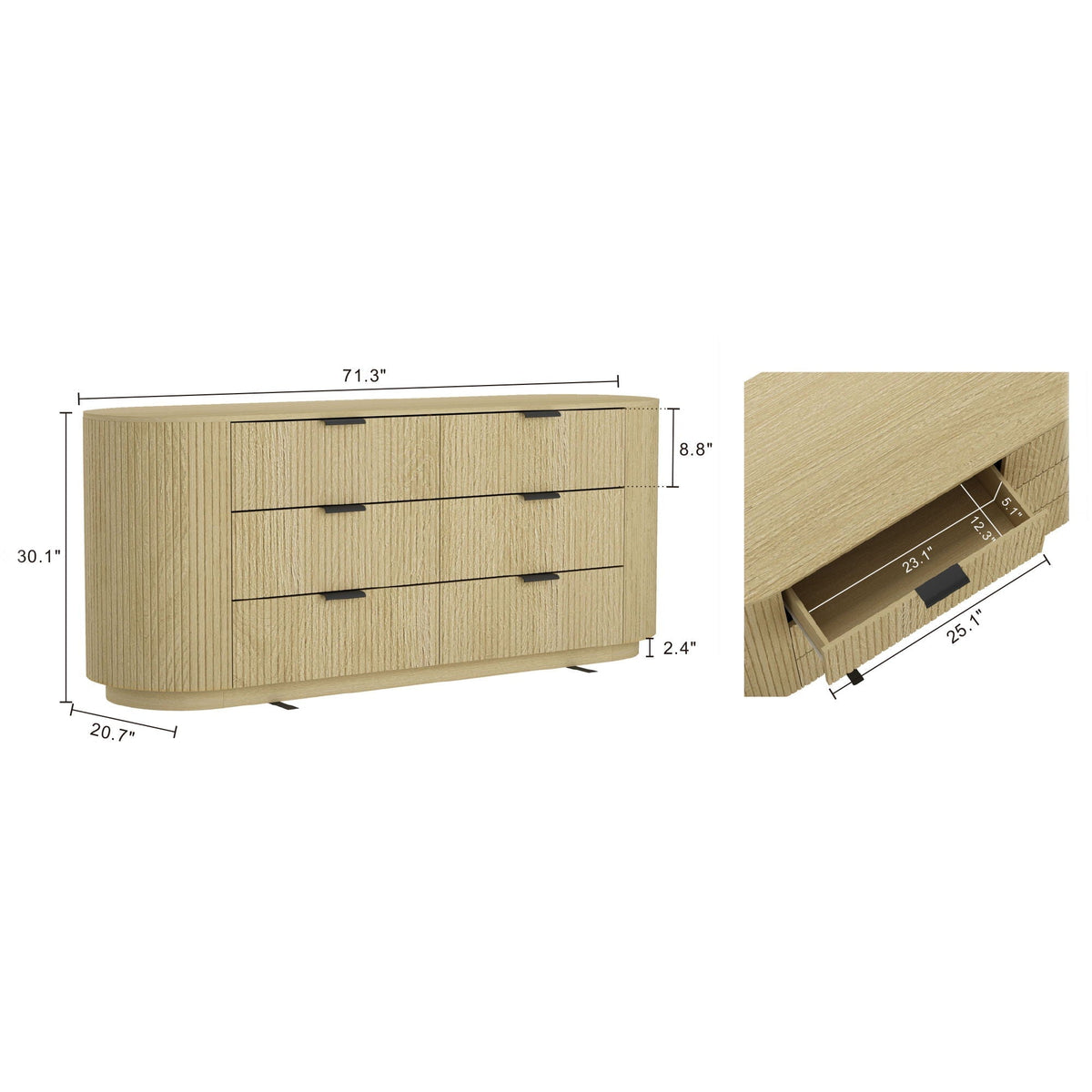 Oak Dresser with 6 Drawers - Modern Solid Wood Construction